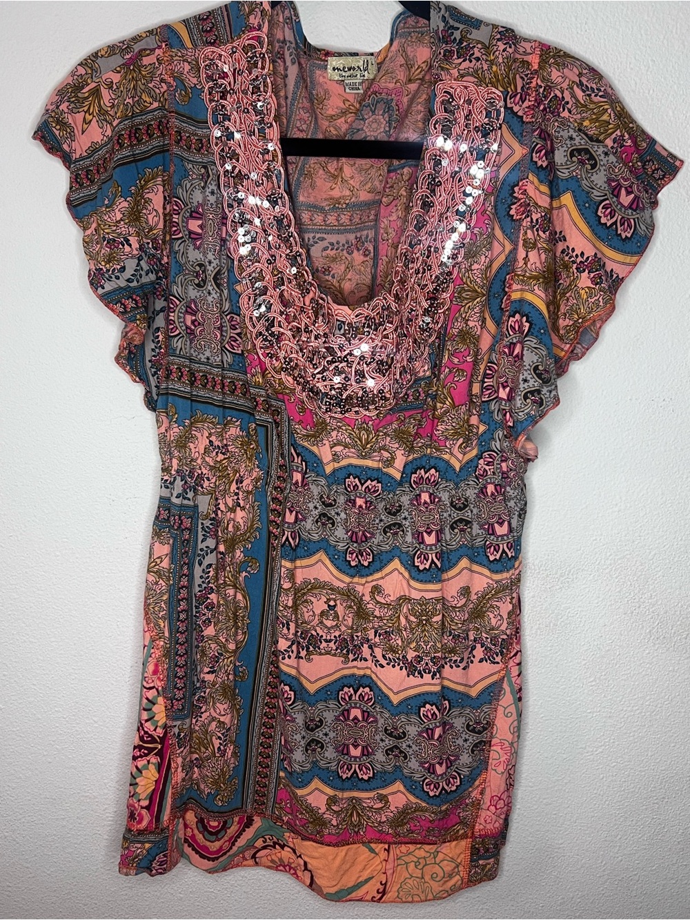 ONE WORLD Pink and Blue Paisley Print V-Neck Top-109